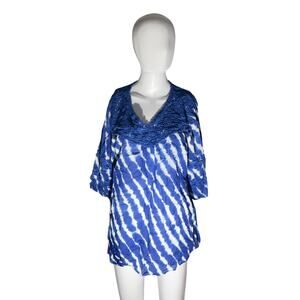 Sara Studio Blue White Tie-Dye Crochet Boho Blouse XL 100% Cotton